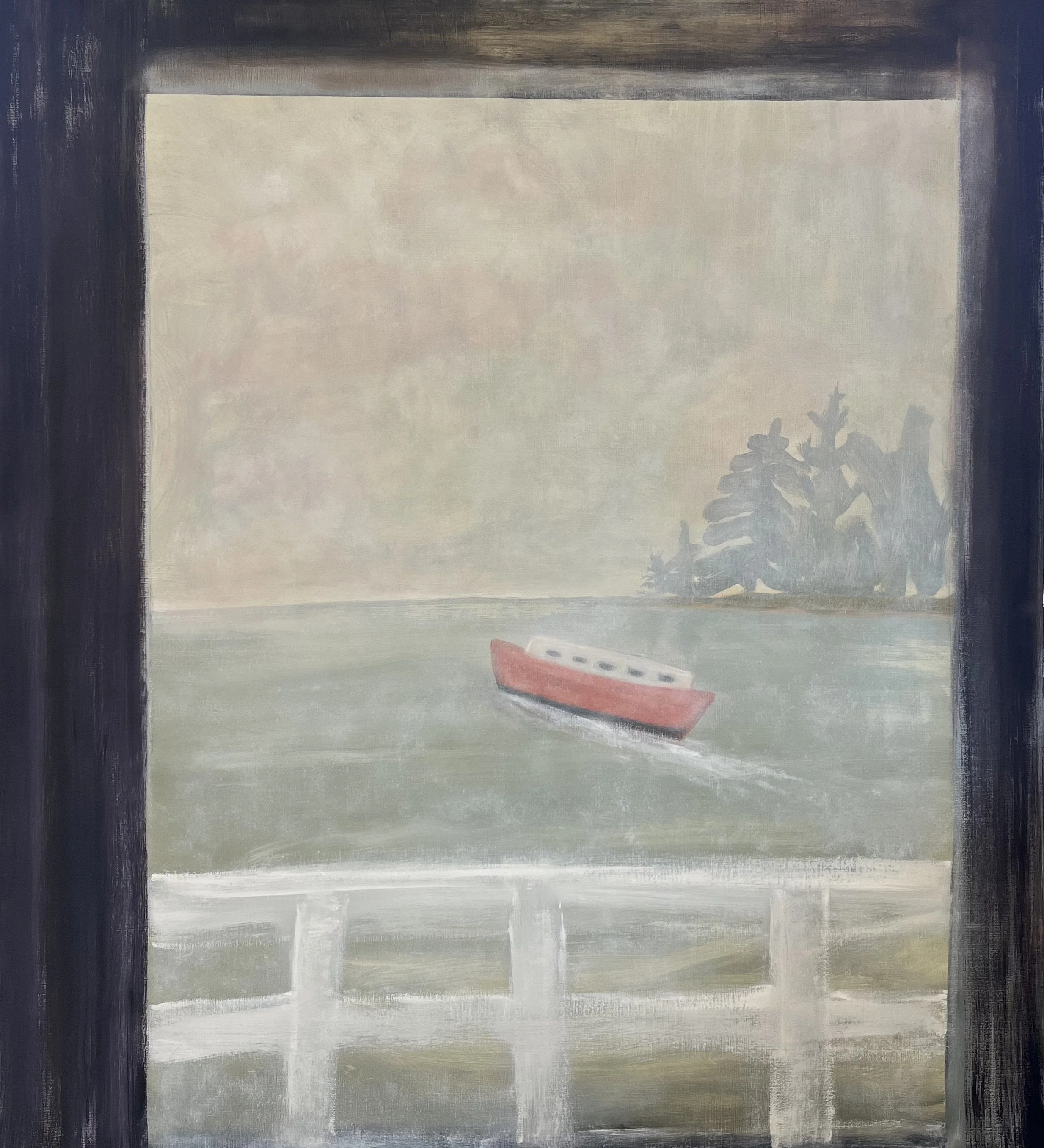  Red Boat , 2025, oil on linen, 70 × 63 inches 