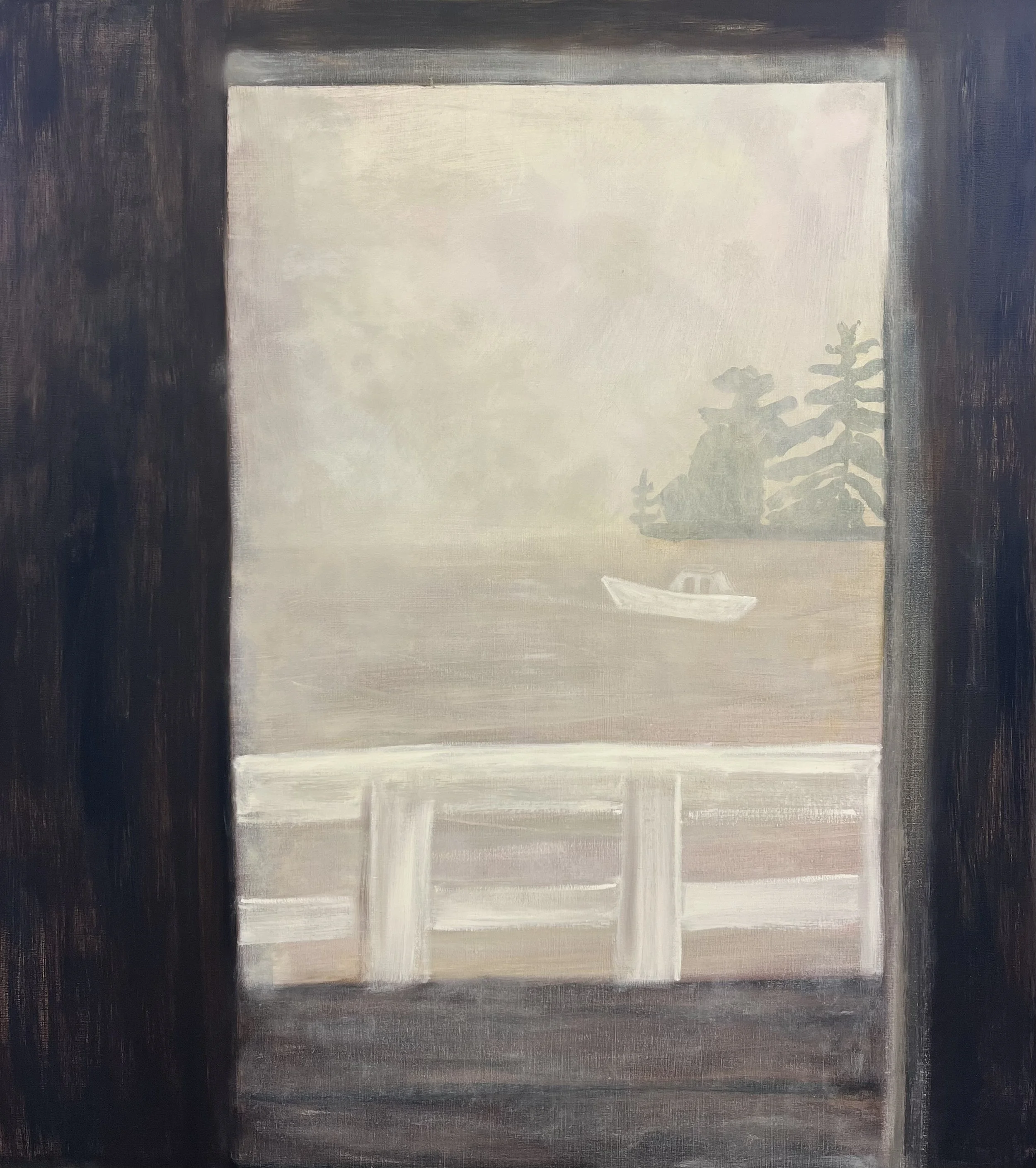  Boat Through the Boathouse , 2025, oil on linen, 70 × 63 inches 