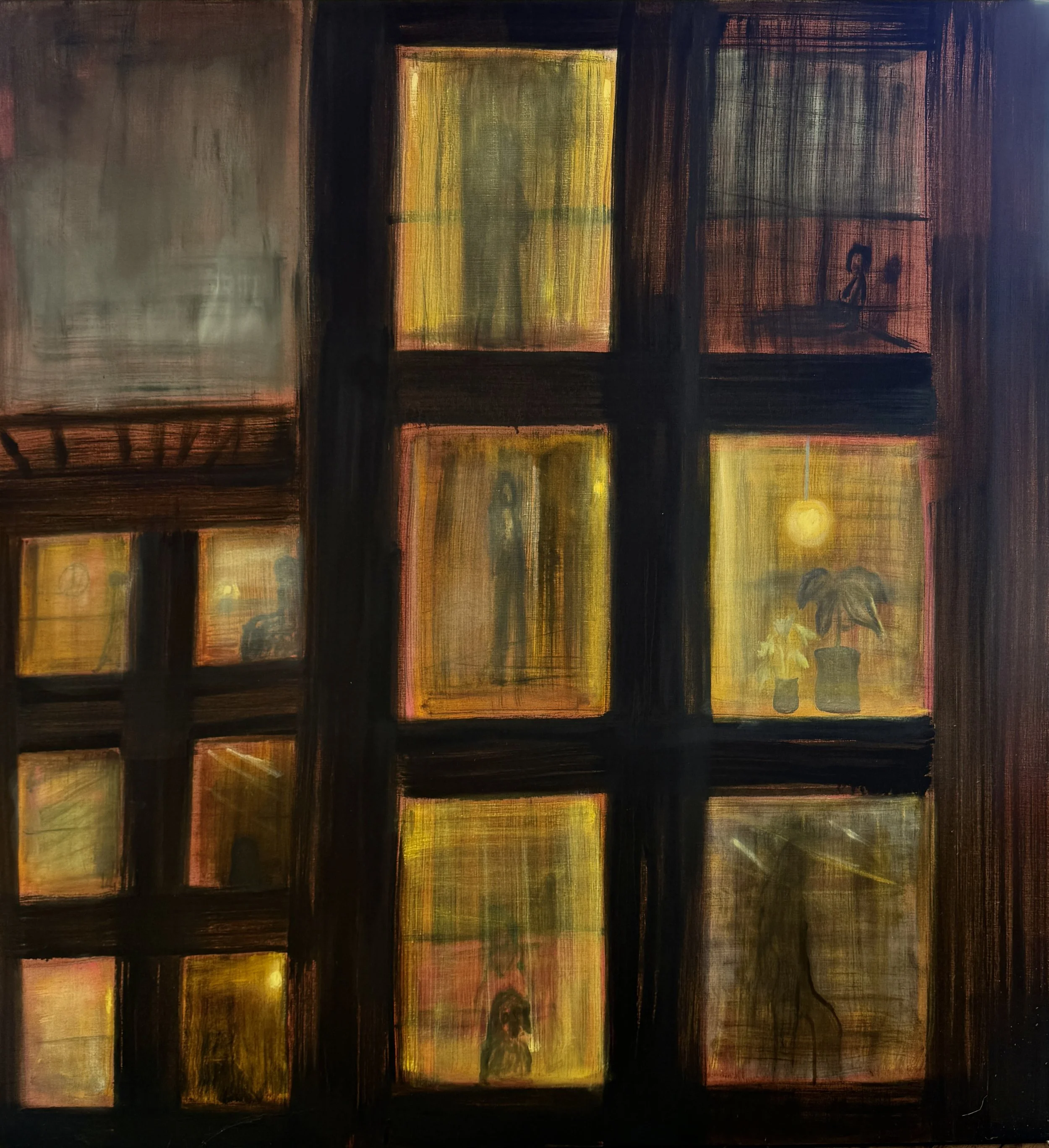   Window Watching , 2026, oil on linen, 70 x 65 inches 