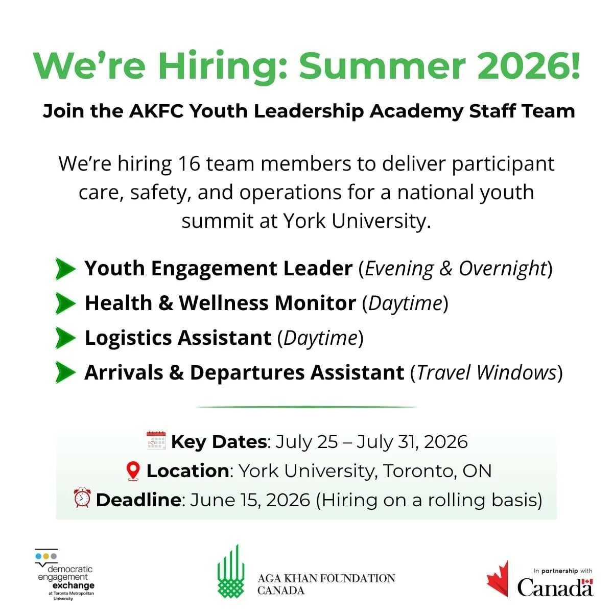 We&rsquo;re Hiring! 🚀 Join the 2026 Youth Leadership Academy staff team at York University this summer!

If you&rsquo;re a mentor or leader passionate about supporting youth (ages 15&ndash;18), we want you.

Open Roles:
🔹 Youth Engagement Leaders
?
