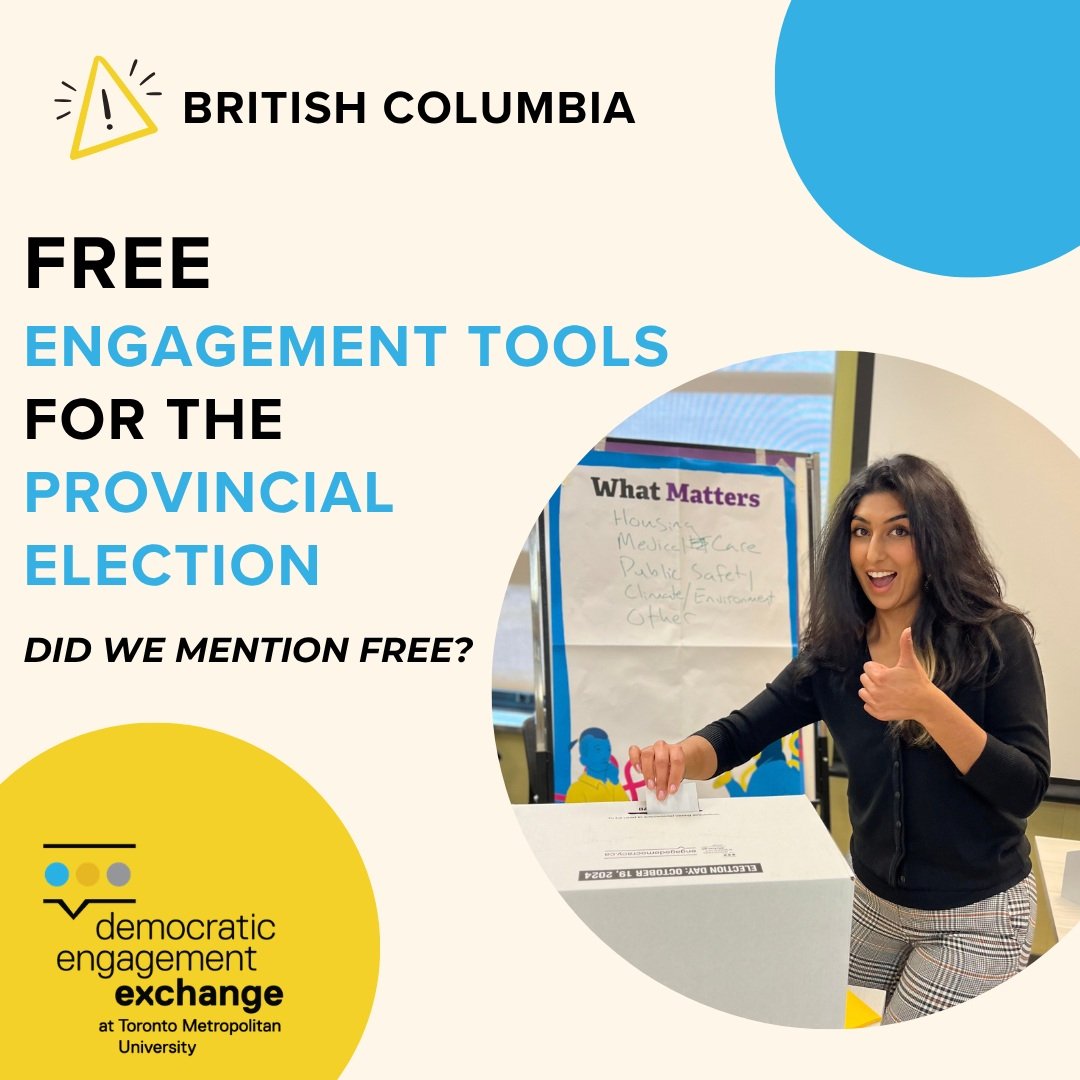 📣 Calling all B.C. community organizations and local leaders.

FREE (!!) Vote PopUp ToolKits are shipping out across the province this week. 

⌛Provincial election day is in 17 days. Order your tools and plan your community engagement activities tod