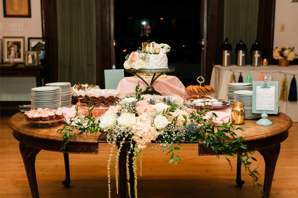 Traditional Wedding Cake Table with Vintage Aqua and Peach Flowers and Decor