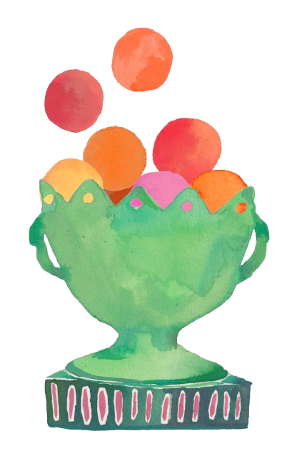 Watercolor painting of a green trophy cup filled with colorful eggs, with three oranges and pink circles above it.