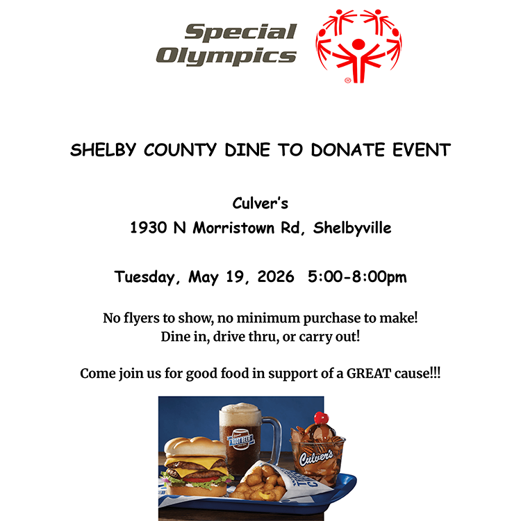 Special Olympics Indiana - Shelby Co.: Dine to Donate at Culvers (May 19)