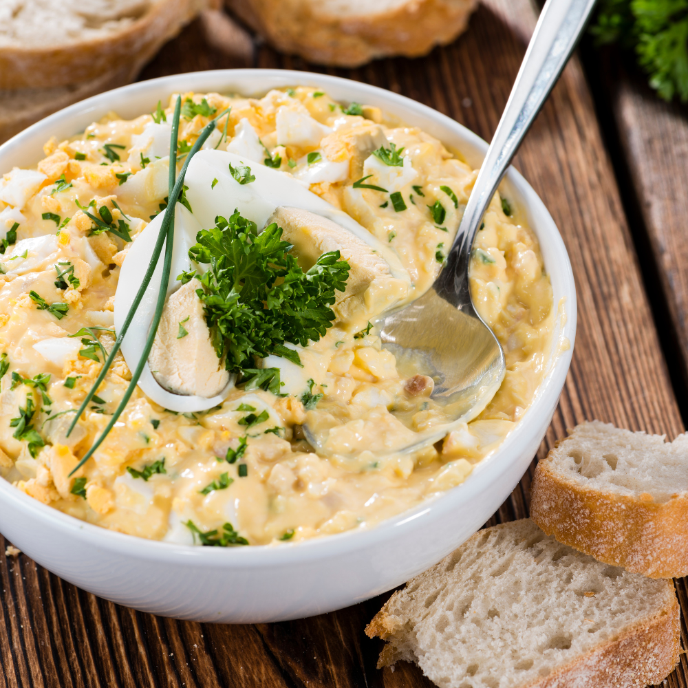 Creamy soft-boiled egg salad with jammy yolks, fresh dill, shallots, and pickles in a serving bowl.