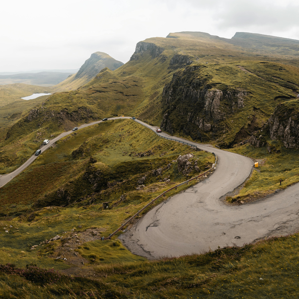 Coastal road on the Isle of Skye during a scenic Scotland road trip.