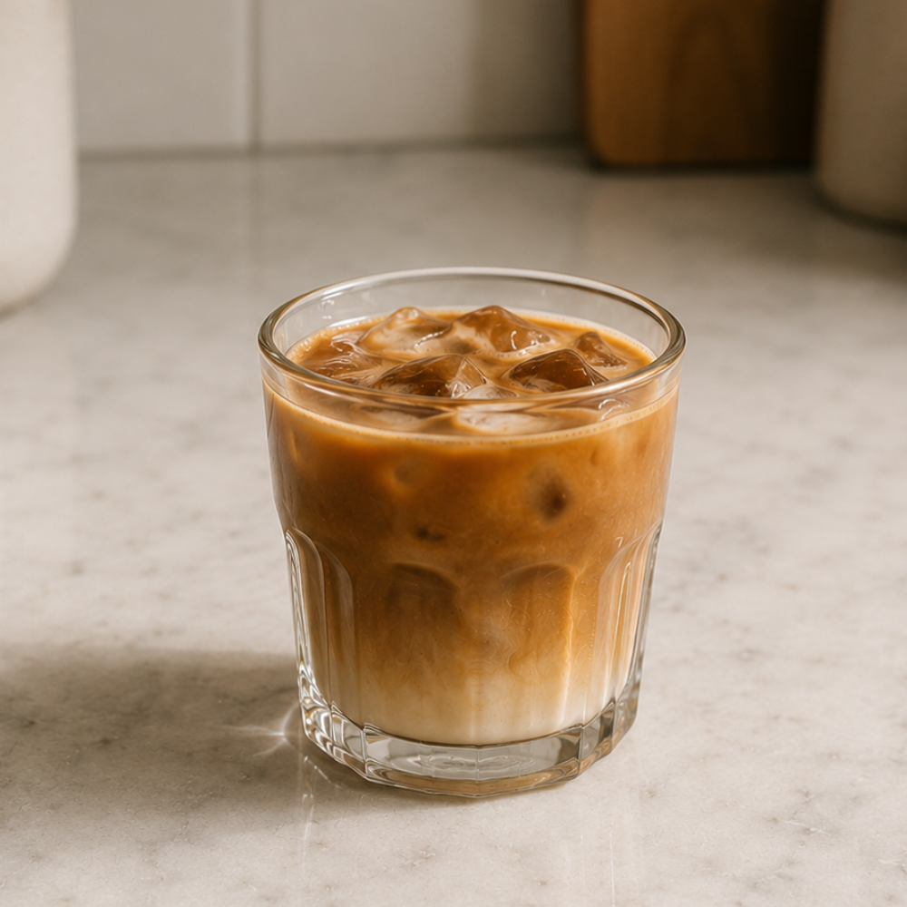 Iced cortado made with equal parts espresso and milk served over ice in a small glass