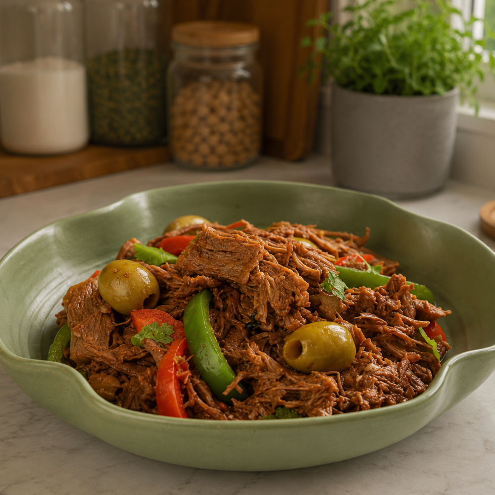 Easy authentic Cuban ropa vieja recipe made with shredded beef, peppers, onions, and tomato sauce.