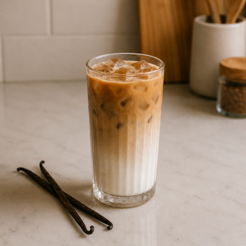 Vanilla oat milk iced latte with bourbon vanilla paste and espresso poured over ice in a tall glass