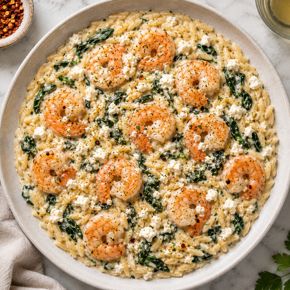 Shrimp and Orzo Recipe with Lemon, Spinach &amp; Feta
