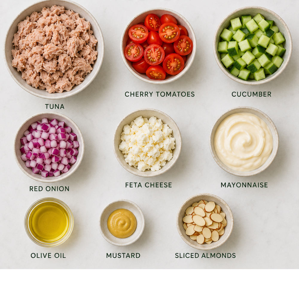 Ingredients for tuna pasta salad including tuna, pasta, cucumbers, cherry tomatoes, feta cheese, red onions, and mayonnaise.