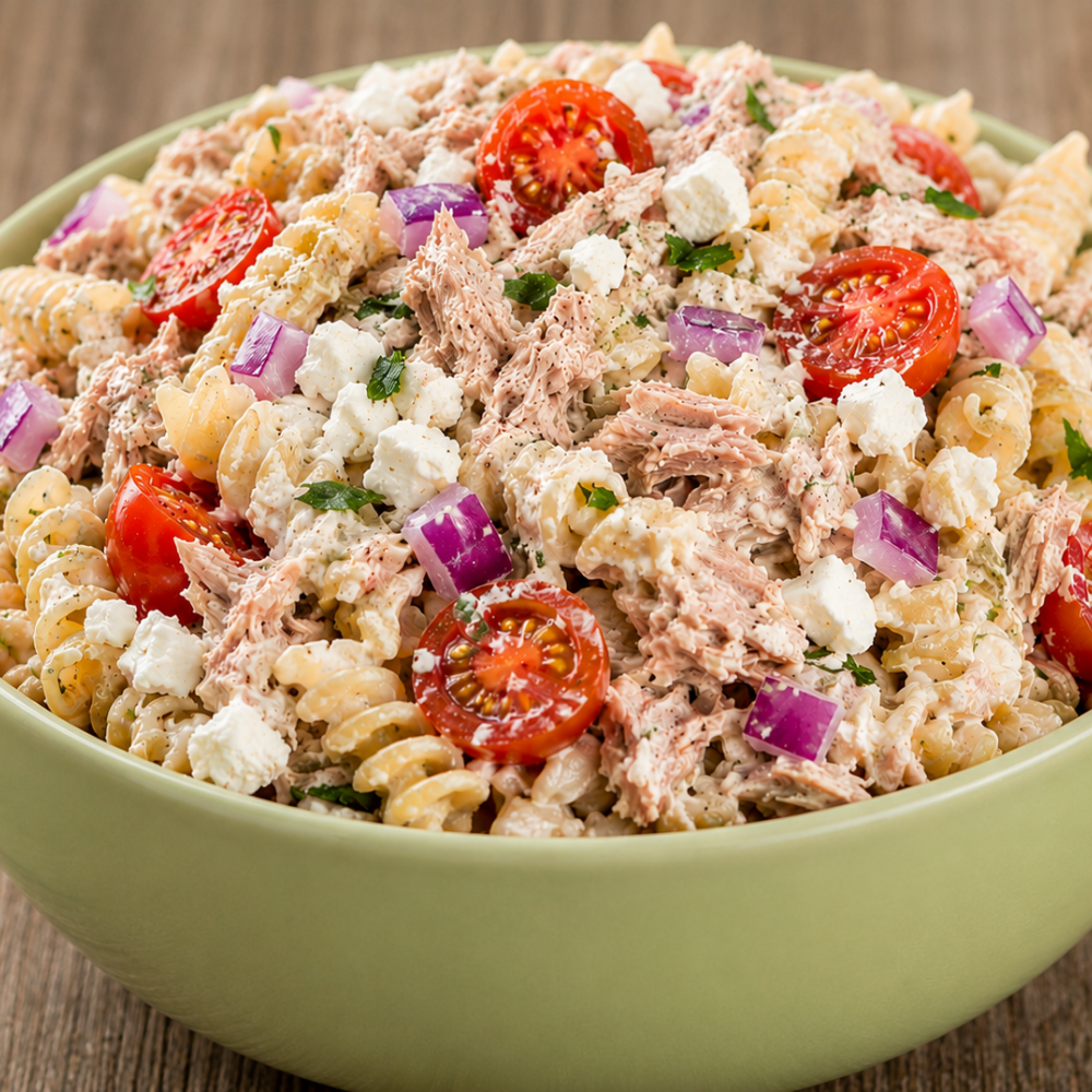 creamy tuna pasta salad with pasta, tuna, feta cheese, cucumbers, and cherry tomatoes