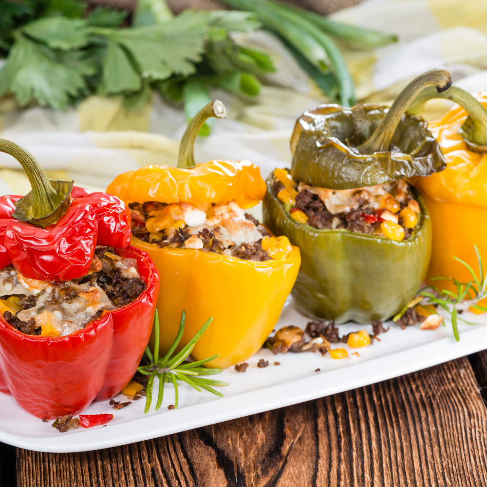 Fully cooked ground beef and rice mixture ready to fill bell peppers