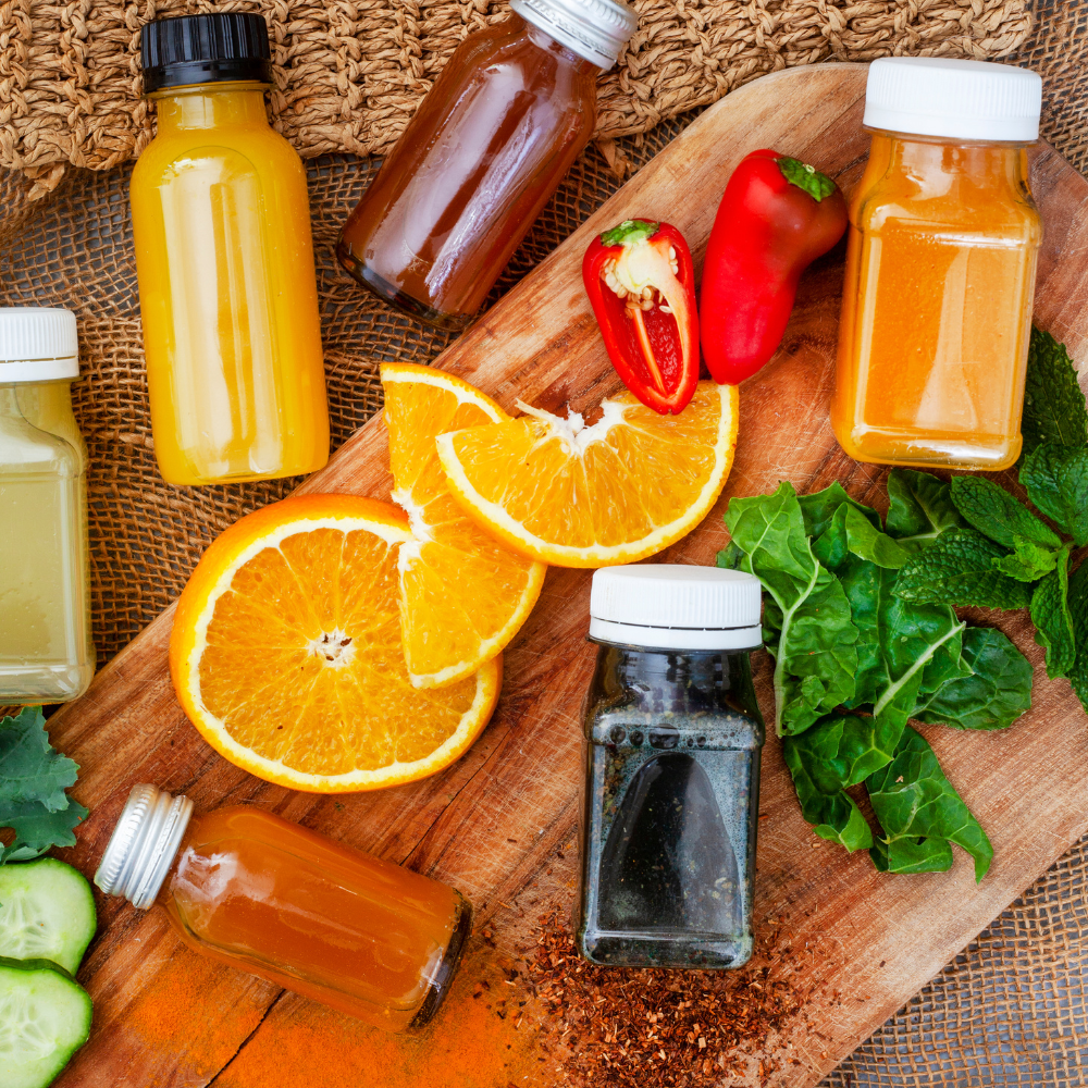 Close-up of a spicy lemon cayenne pepper shot with fresh citrus