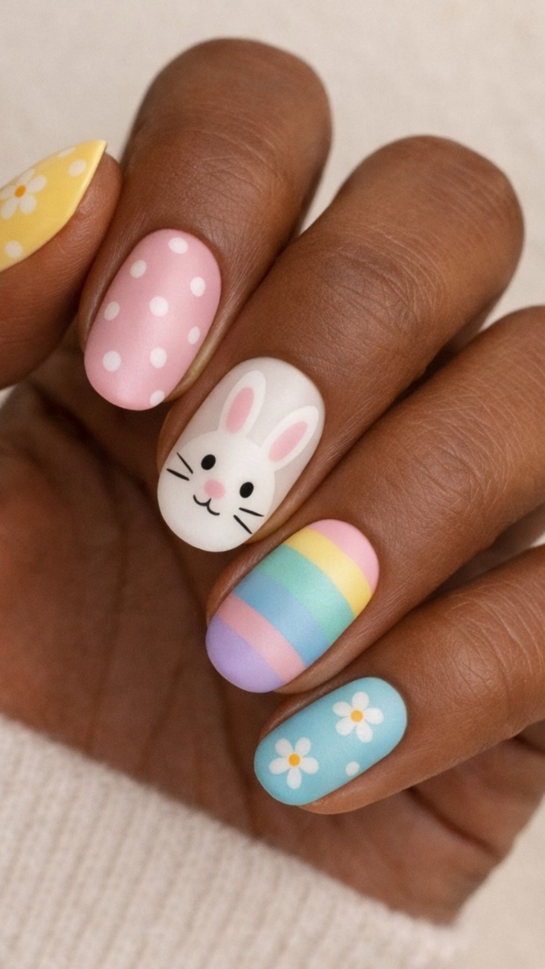 Easter pastel nails with a bunny, stripes and flowers