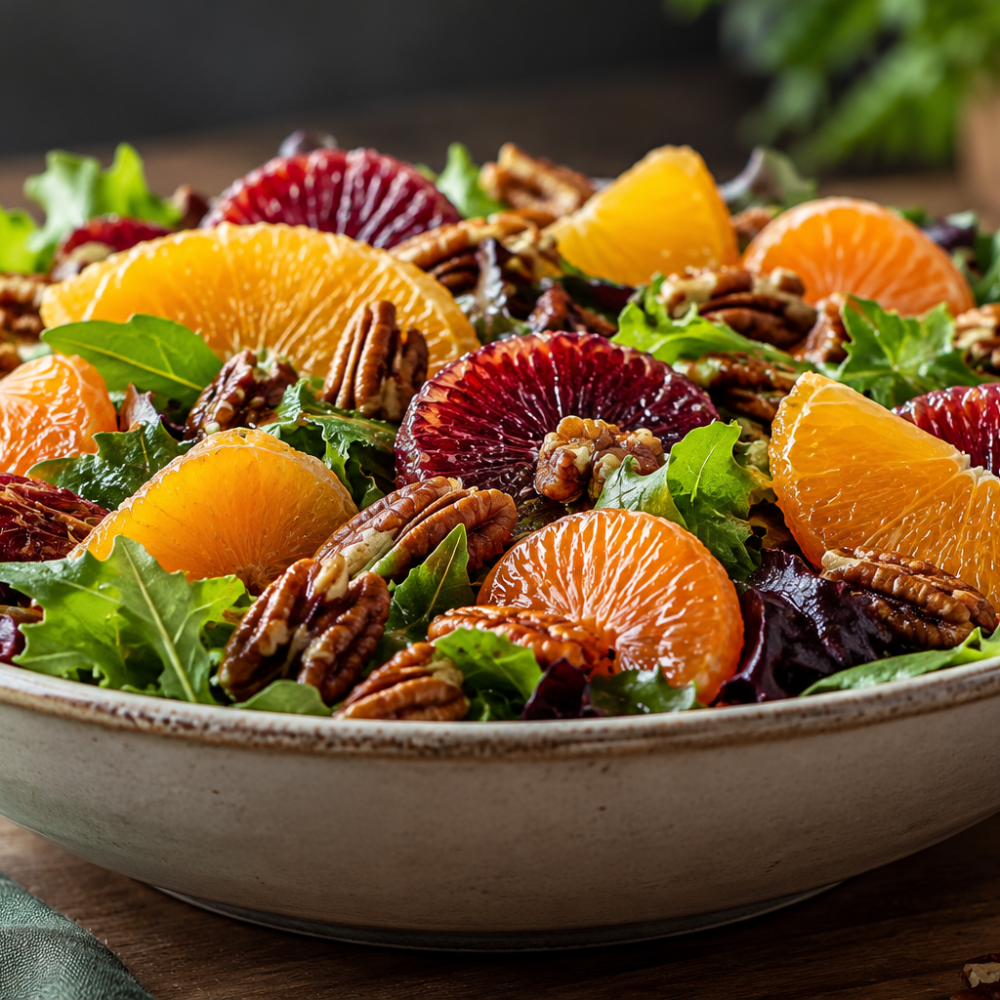 Citrus summer salad with mixed greens, pecans, and oranges