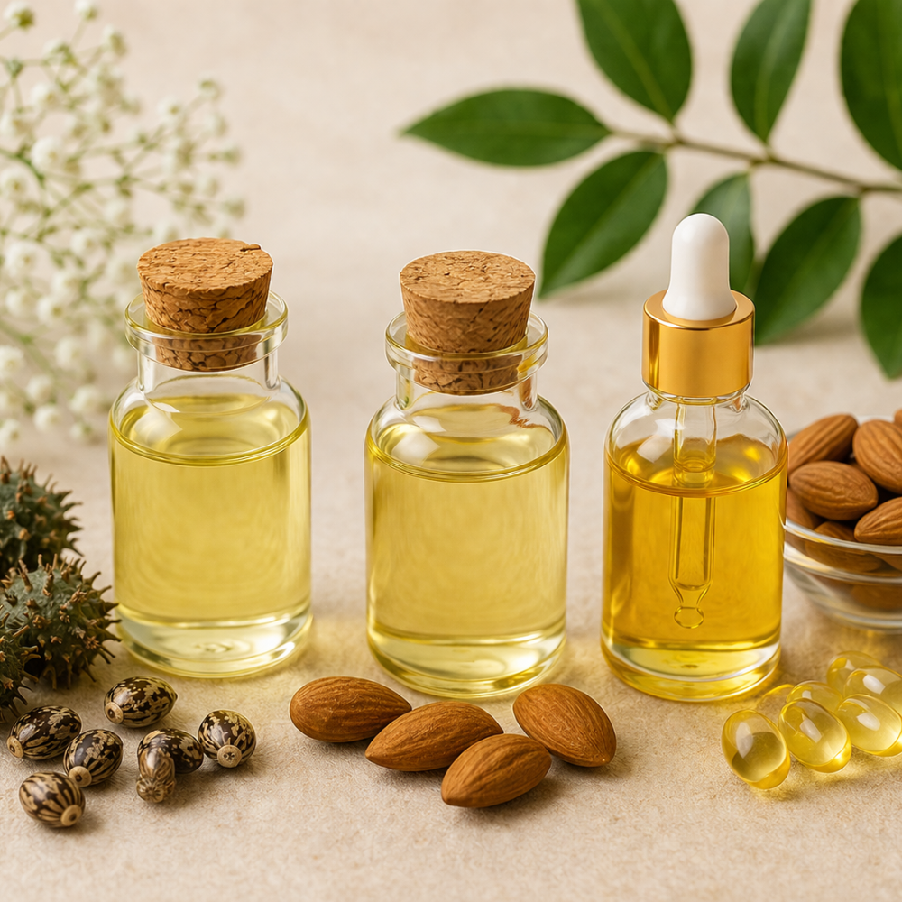 Homemade eyelash serum mixture in a small bowl combining castor oil, vitamin E oil, and almond oil for natural lash conditioning.