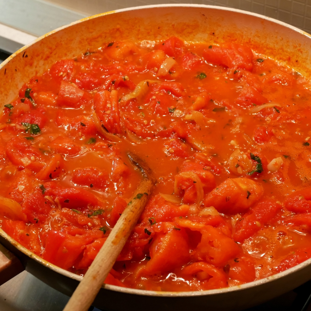Pomodoro sauce simmering in a pan with garlic and olive oil, a classic Italian tomato sauce preparation.
