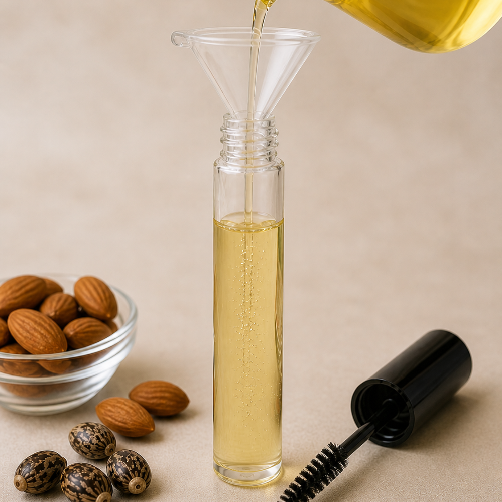 Pouring natural oils into a mascara bottle using a funnel to create a DIY eyelash serum at home.