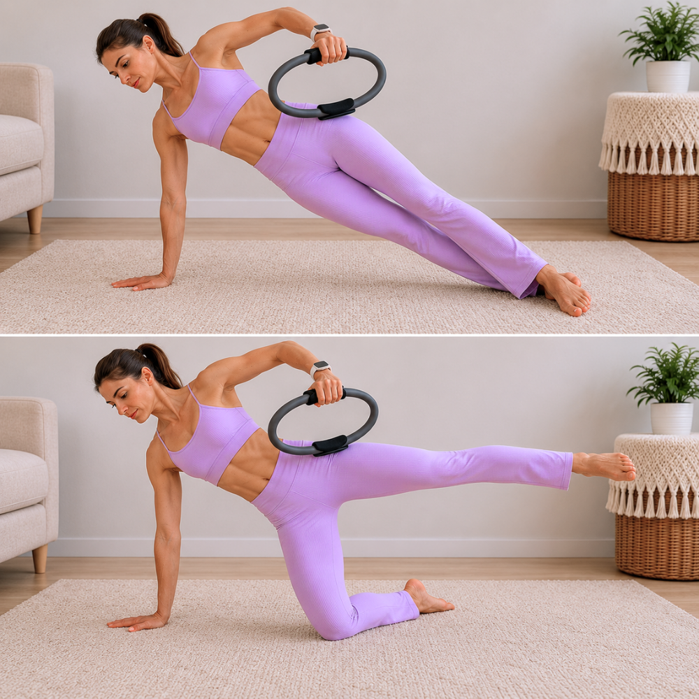 Side plank exercise with magic circle press for obliques and waist sculpting