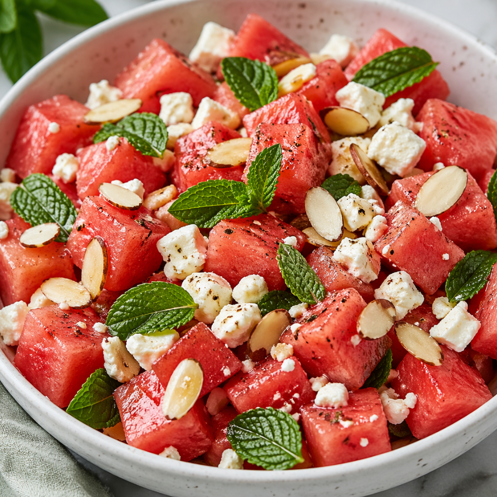 Bowl of watermelon feta salad with mint leaves, crumbled feta, and a light dressing.