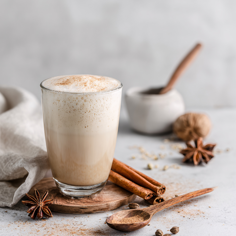 Chai latte topped with cinnamon and star anise
