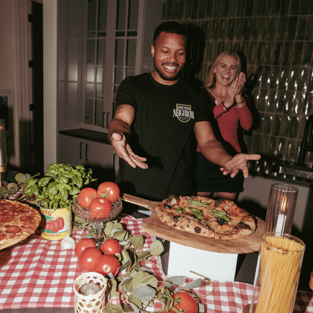 Friends hosting a pizza night for summer fun
