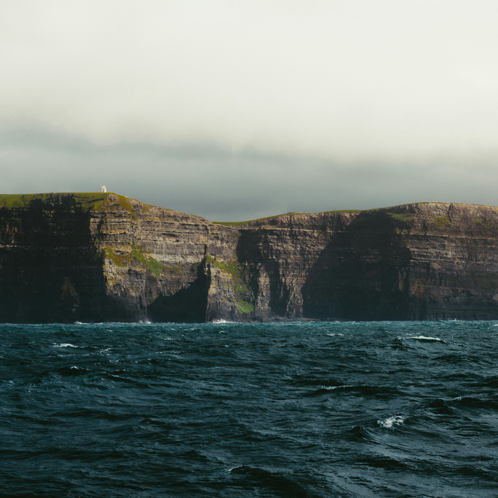 Wide view of the Cliffs of Moher with dramatic cliffs rising above the Atlantic Ocean