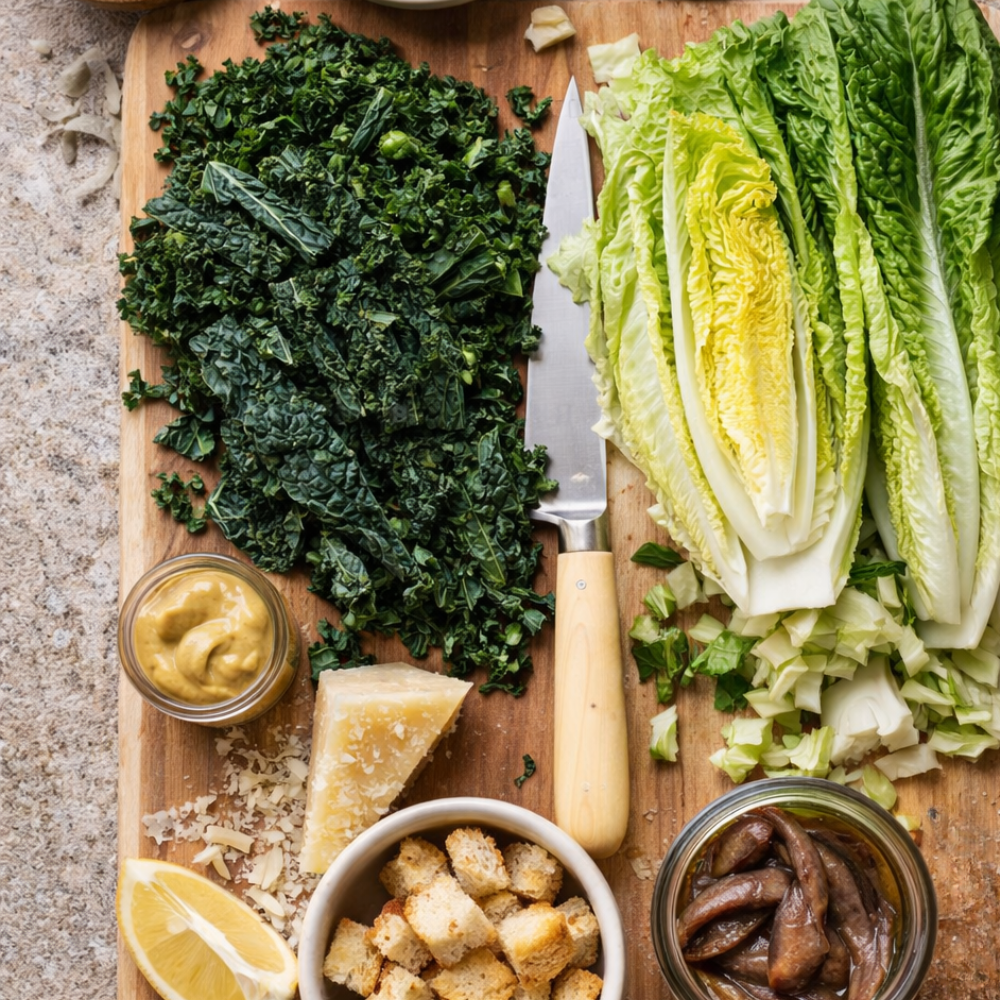 Fresh kale Caesar salad ingredients including Tuscan kale, romaine lettuce, Parmesan cheese, garlic, and anchovies