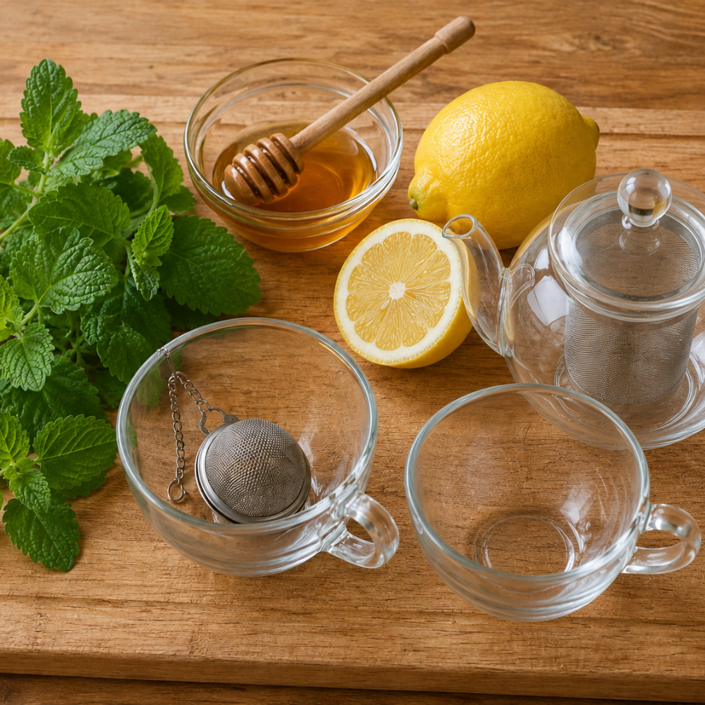 Lemon balm tea made with fresh herbs, hot water, lemon slices, and honey.