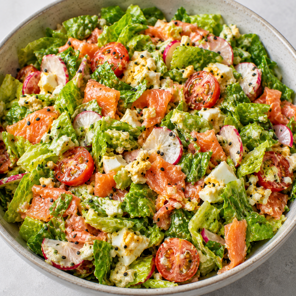 Egg salad breakfast bowl with smoked salmon, romaine lettuce, radishes, and cherry tomatoes