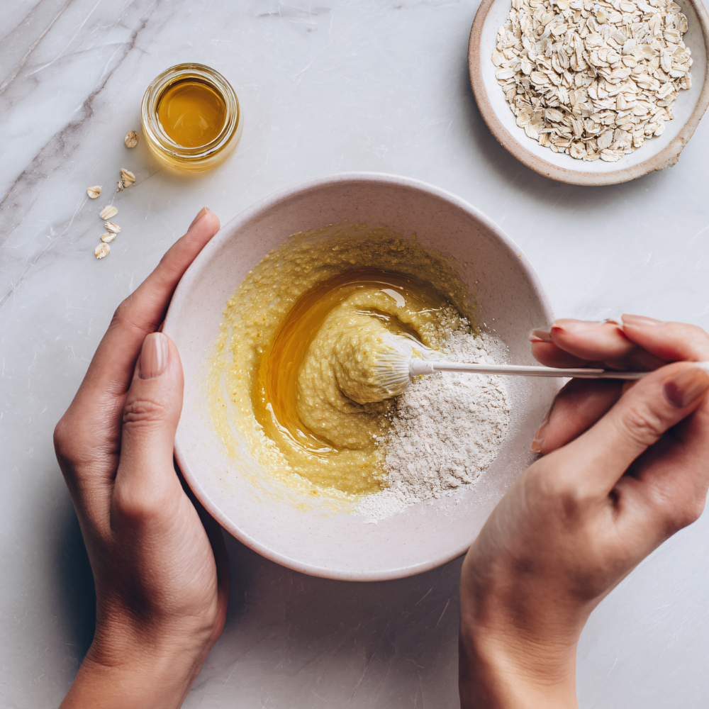 Homemade oatmeal face mask prepared with oats and honey