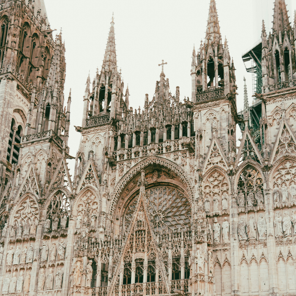 Rouen Cathedral Gothic architecture façade in Rouen France with intricate details and towering spires