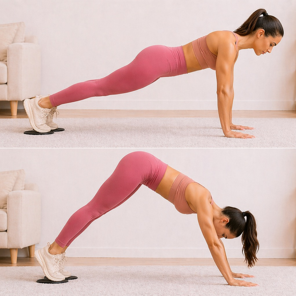 Woman performing Pilates pike movement with controlled sliding motion to strengthen core and improve stability.