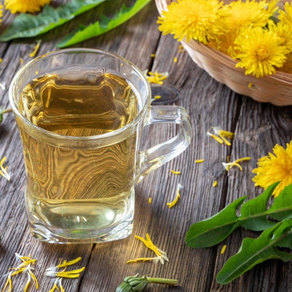 Freshly strained dandelion tea poured into a mug
