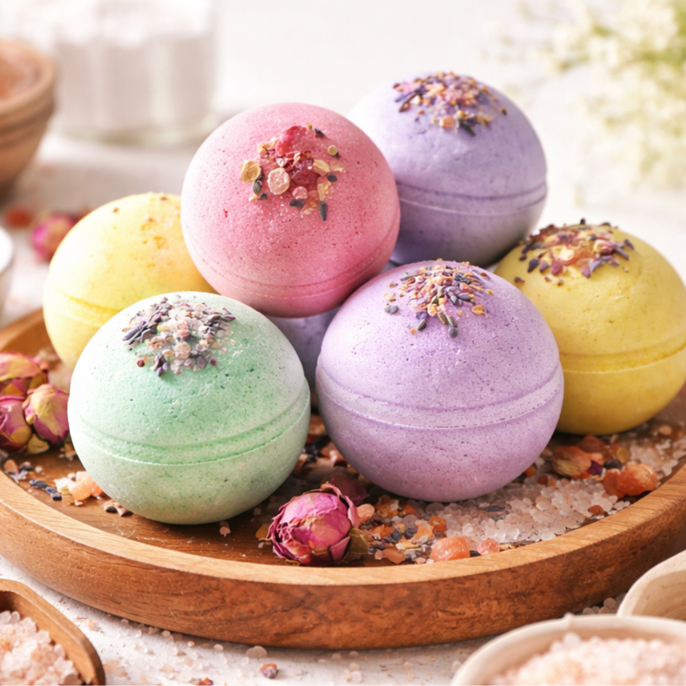 Colorful DIY bath bombs made with natural ingredients and flower petals for a relaxing Mother’s Day spa gift