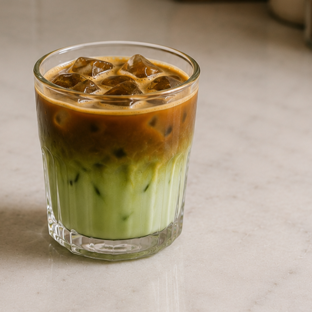 Iced matcha espresso latte layered with milk, matcha, and espresso.