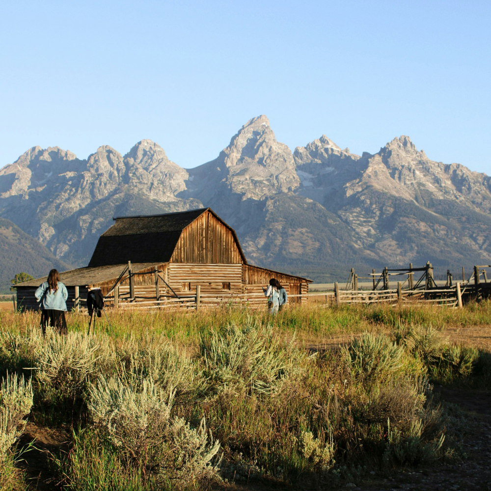 Sunrise at Mormon Row in Jackson Hole, Wyoming, with historic barns and the Teton Mountains in the background.