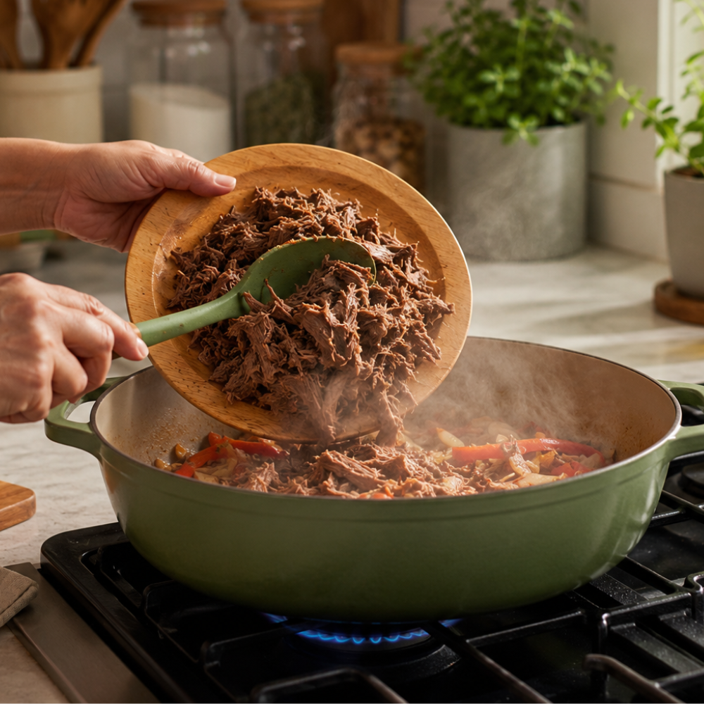 Shredded beef simmering in a rich tomato sauce for authentic Cuban ropa vieja.