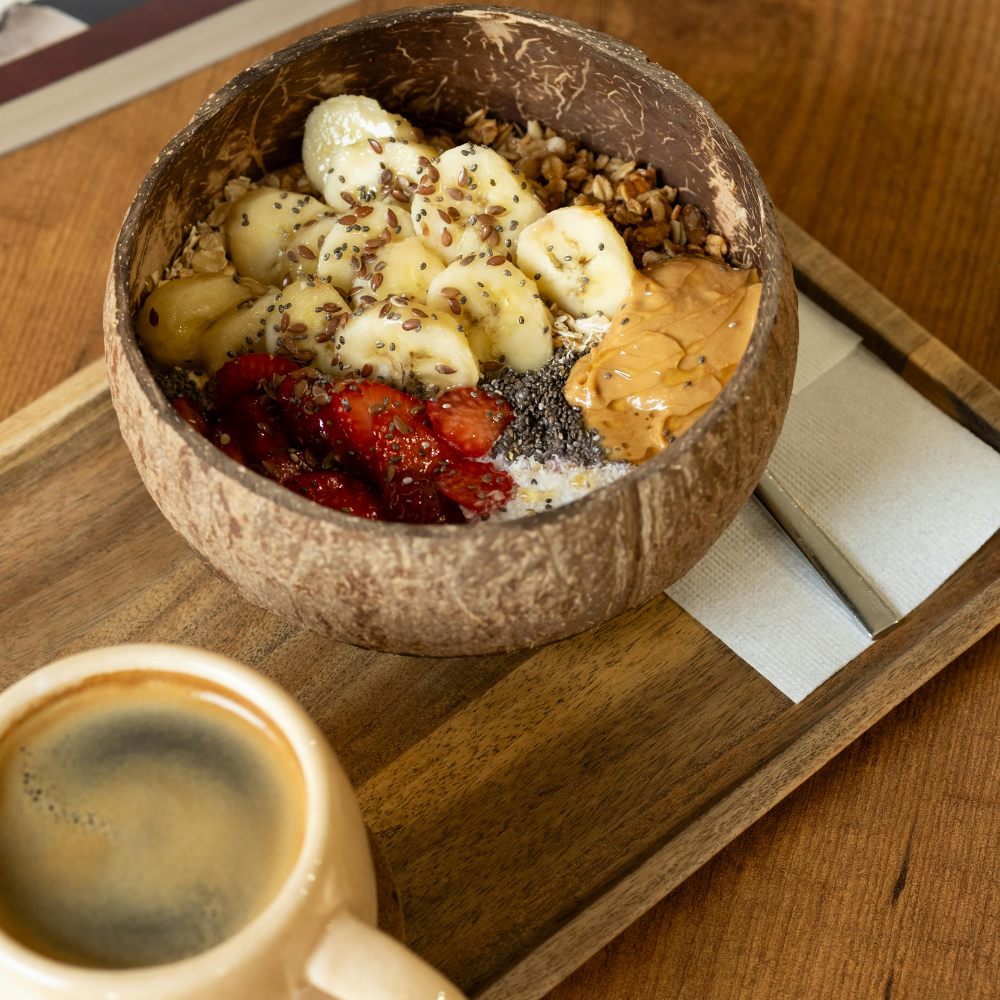 Brunch in Rouen France with coffee and granola bowls