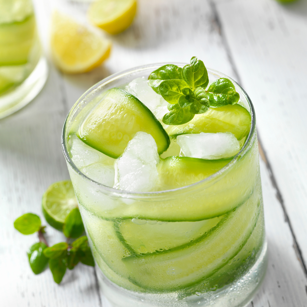 Sparkling coconut water with cucumber and lime served over ice for a light, fizzy summer drink.