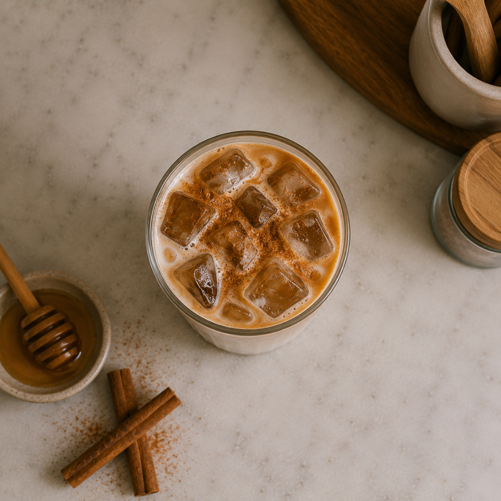 Honey cinnamon iced latte made with espresso, milk, honey, and cinnamon