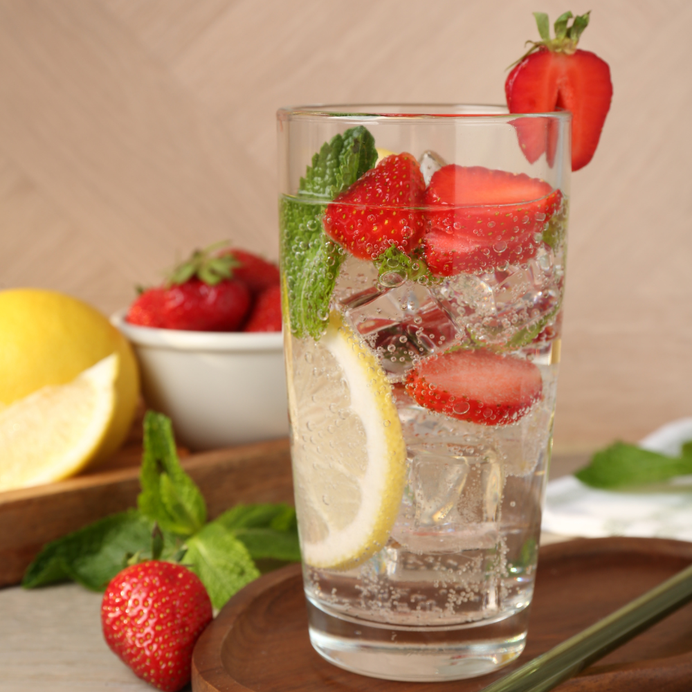 Water infused with lemon, mint and strawberries
