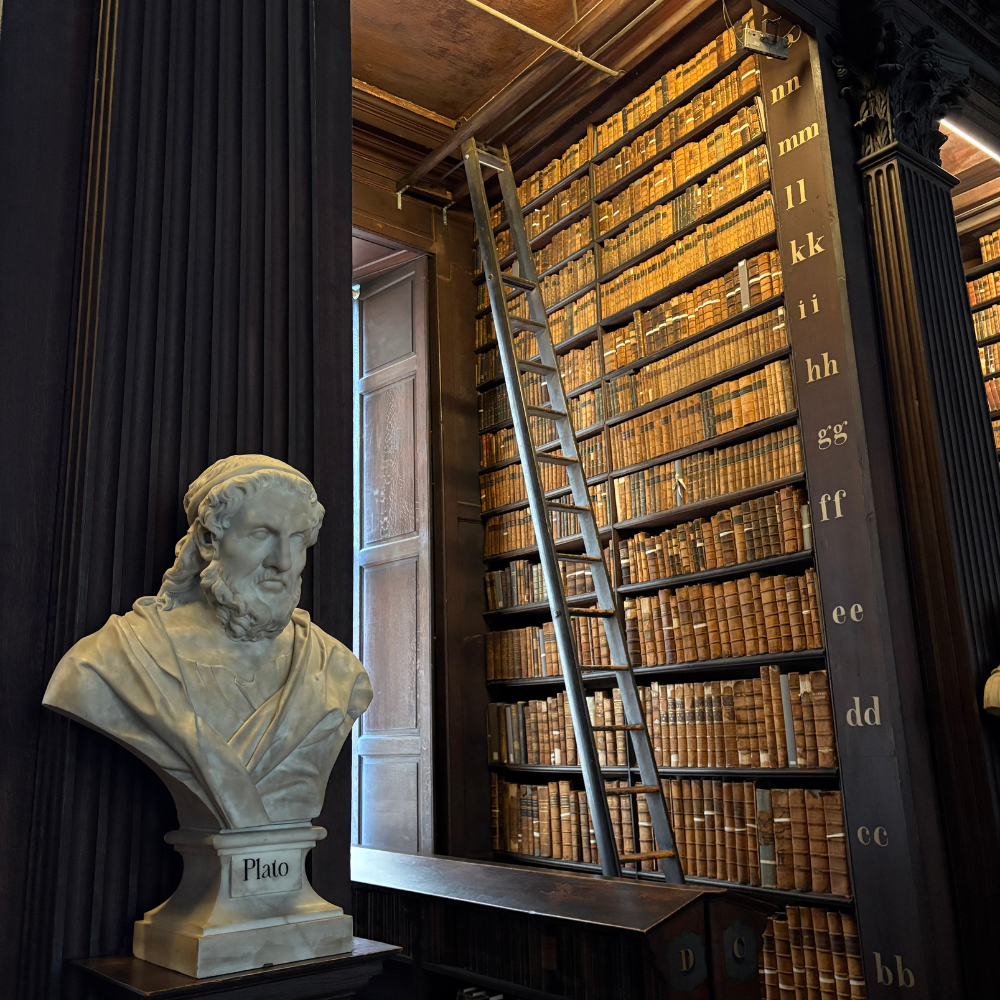 Trinity College Old Library with ancient books and architecture.