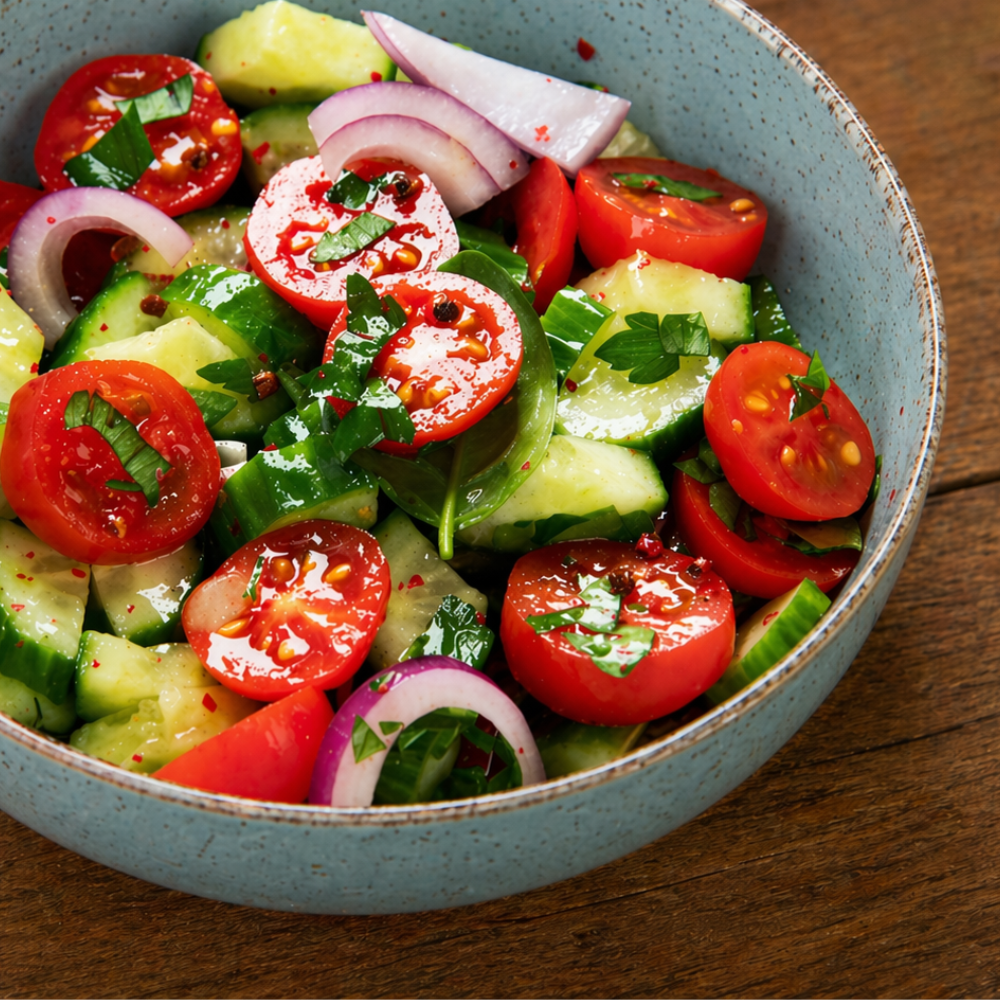 Fresh cucumber tomato salad recipe made with sliced cucumbers, ripe tomatoes, and basil in a light dressing.