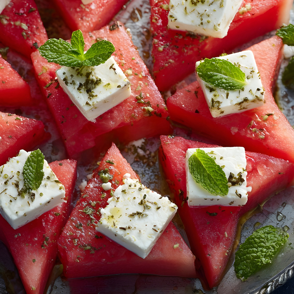 Fresh summer watermelon feta salad garnished with mint leaves and nuts in a serving bowl.