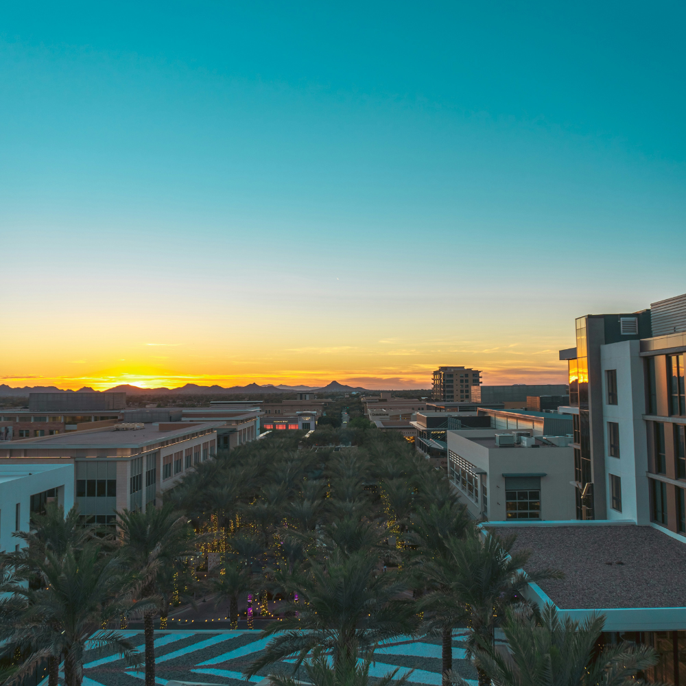 Sunset views from Outrider Rooftop Lounge in Scottsdale Arizona with cocktails