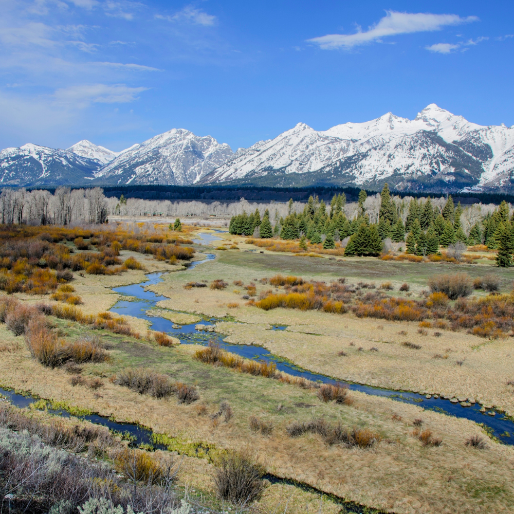 Scenic view of Jackson Hole, Wyoming with the Teton Mountains in the background.