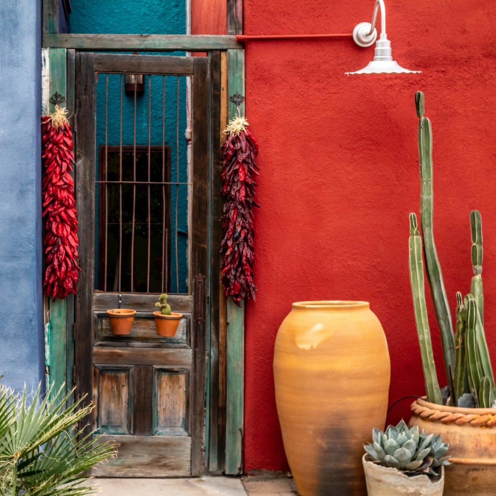 Colorful adobe homes and historic streets in Barrio Viejo neighborhood in downtown Tucson Arizona.