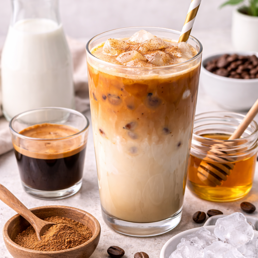 Homemade honey cinnamon iced latte topped with ground cinnamon